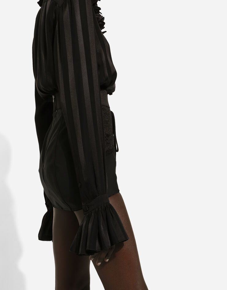 Dolce & Gabbana Camisa en jacquard de seda con cuello y puños plisados Negro F5S26TFJ1HS