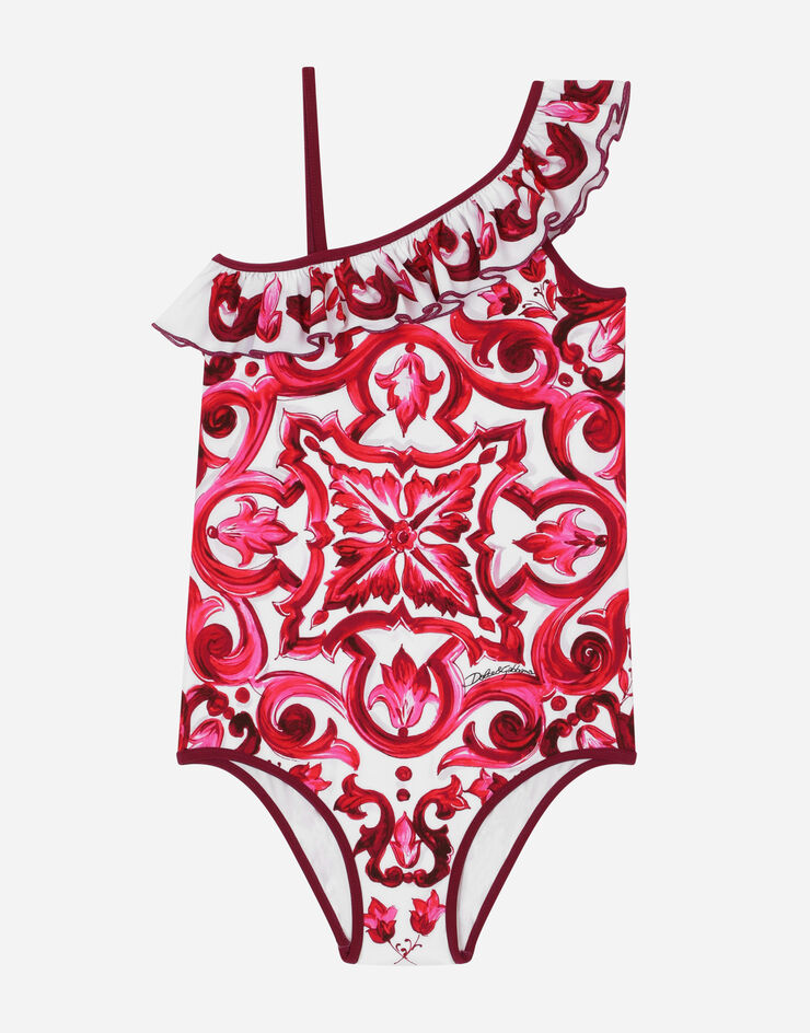 DolceGabbanaSpa Majolica-print one-piece swimsuit with ruched neckline Multicolore L5J838G7EW6