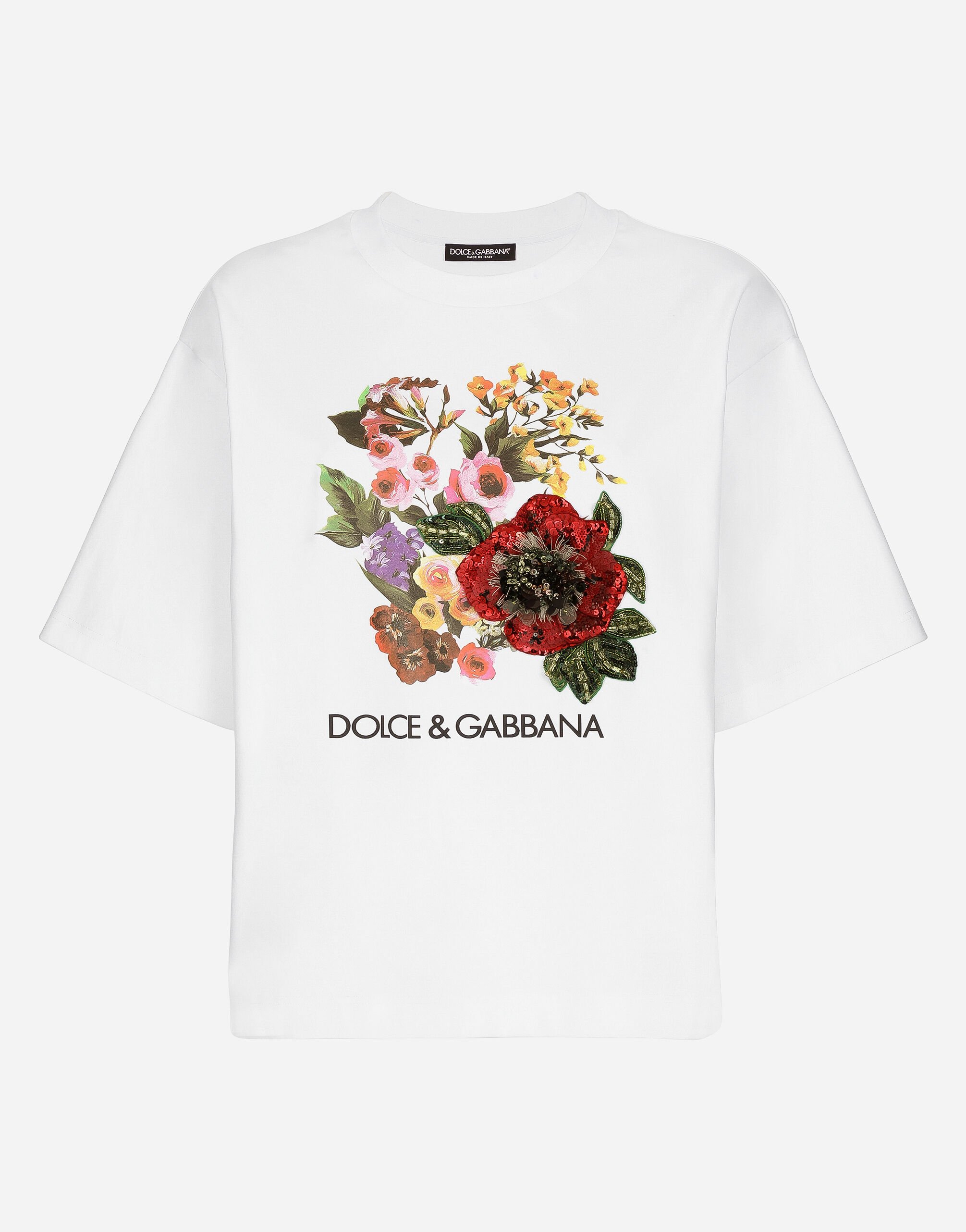Dolce & Gabbana T-Shirt aus Jersey mit Print und Blumenstickerei Weiss F8V06TGDCK6