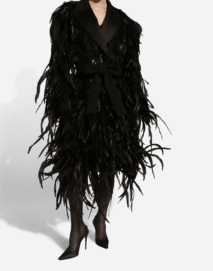 Dolce & Gabbana Wool gabardine coat with all-over rooster feather embellishment Black F0W2GZGDCRQ