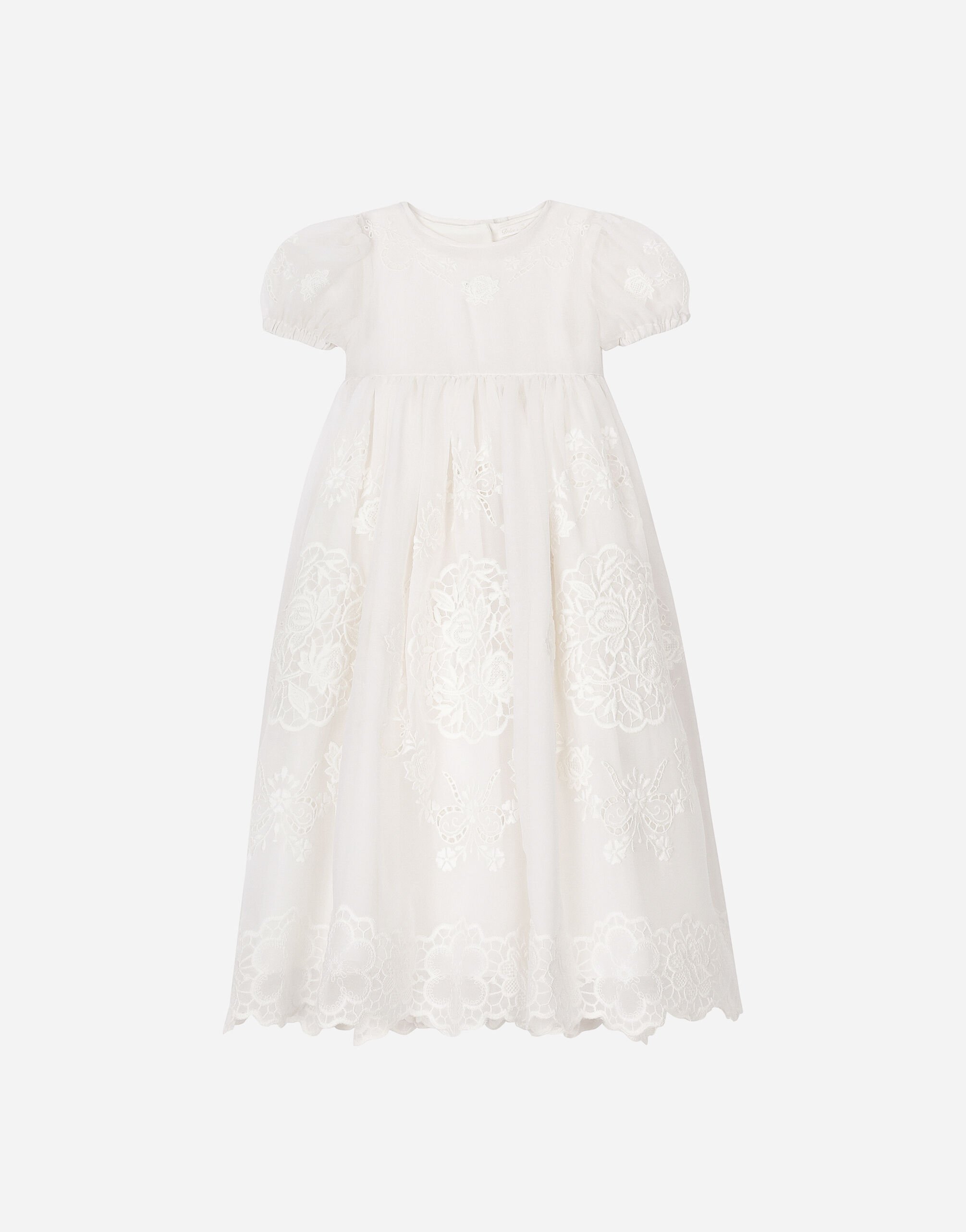 Dolce & Gabbana فستان تعميد من شيفون مطرز من خط الامبراطورية مع أكمام قصيرة أبيض L0EGG2FU1L6