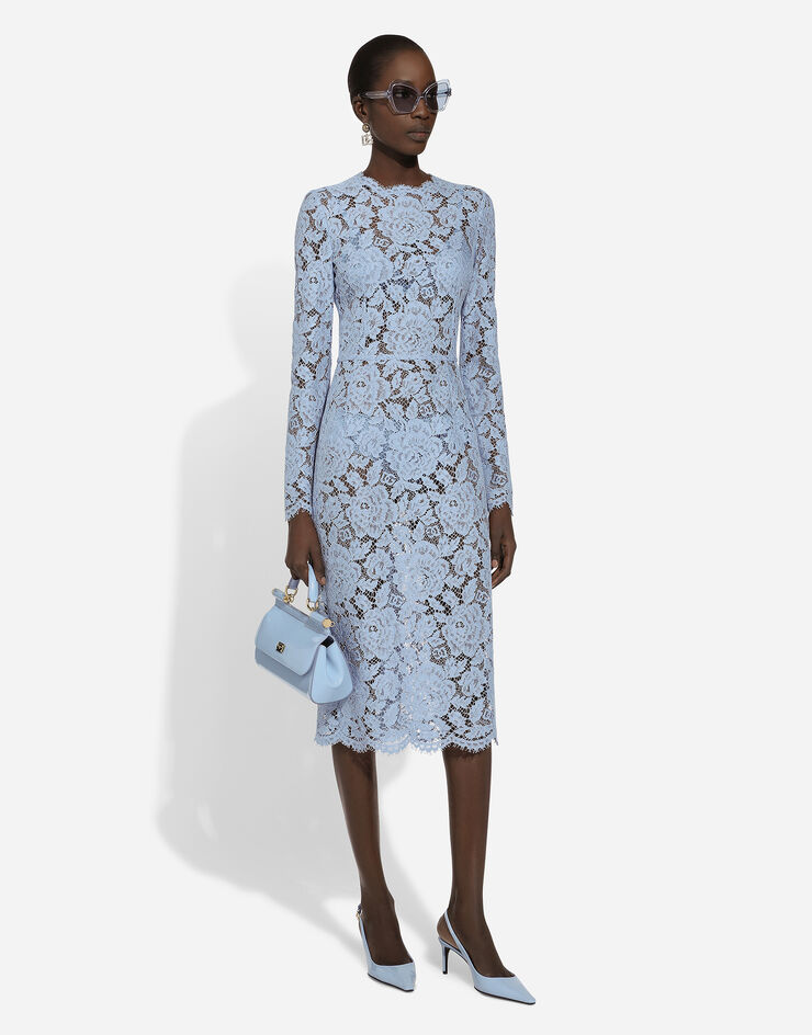 Dolce & Gabbana Calf-length sheath dress in branded floral cordonetto lace Light Blue F6M0DTHLM7L