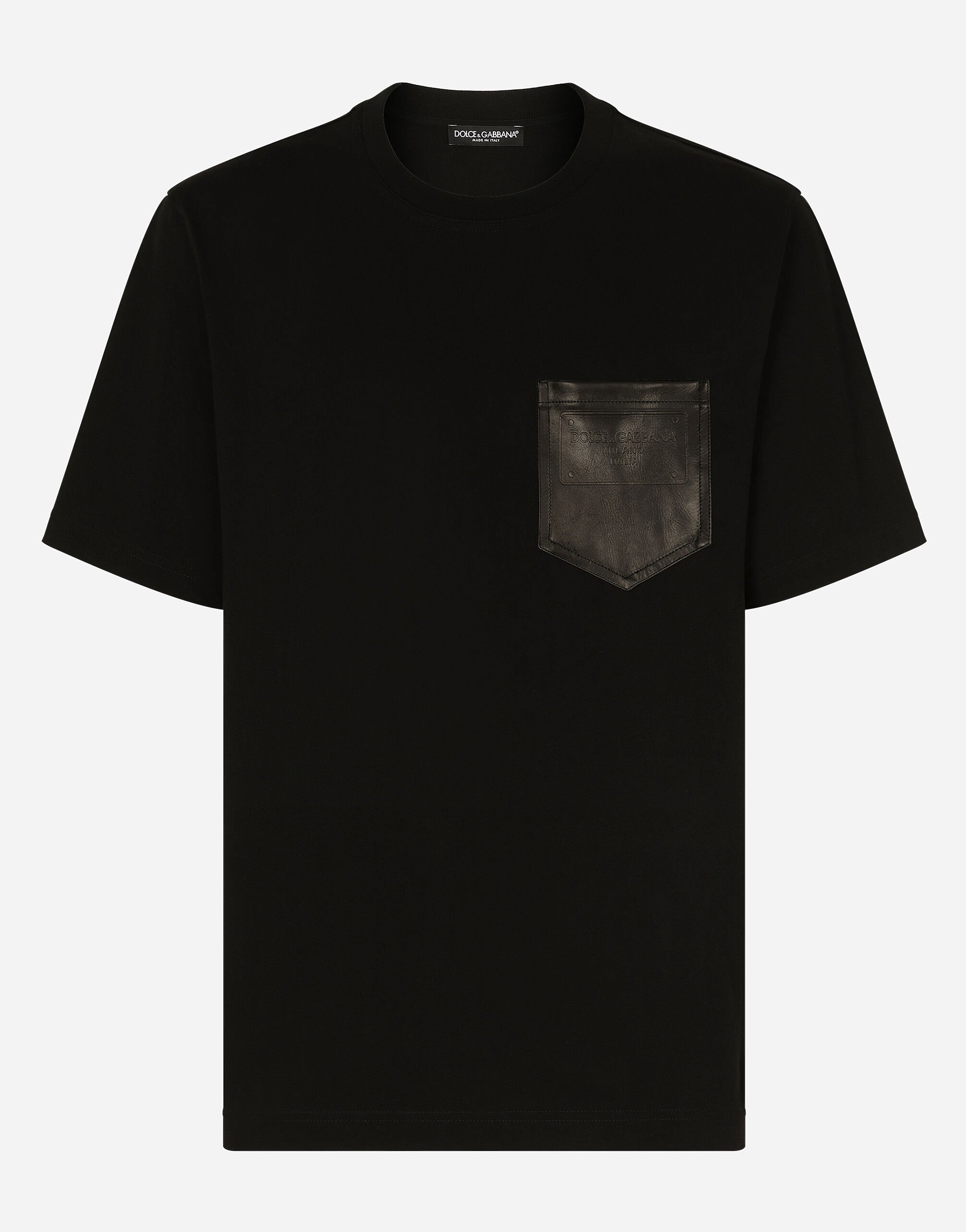Dolce & Gabbana Cotton T-shirt with leather breast pocket and logo Azure GW0MATFU4LG