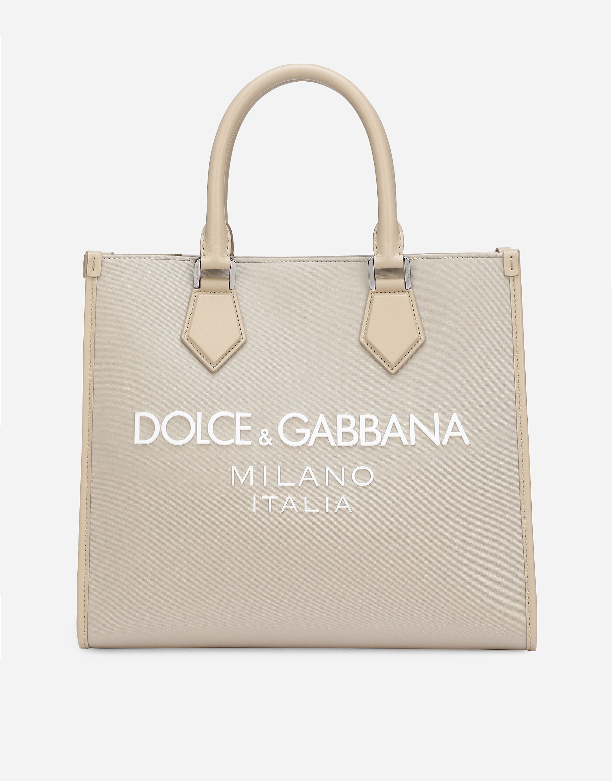 Dolce & Gabbana Small nylon shopper with rubberized logo Beige BM2256AK440