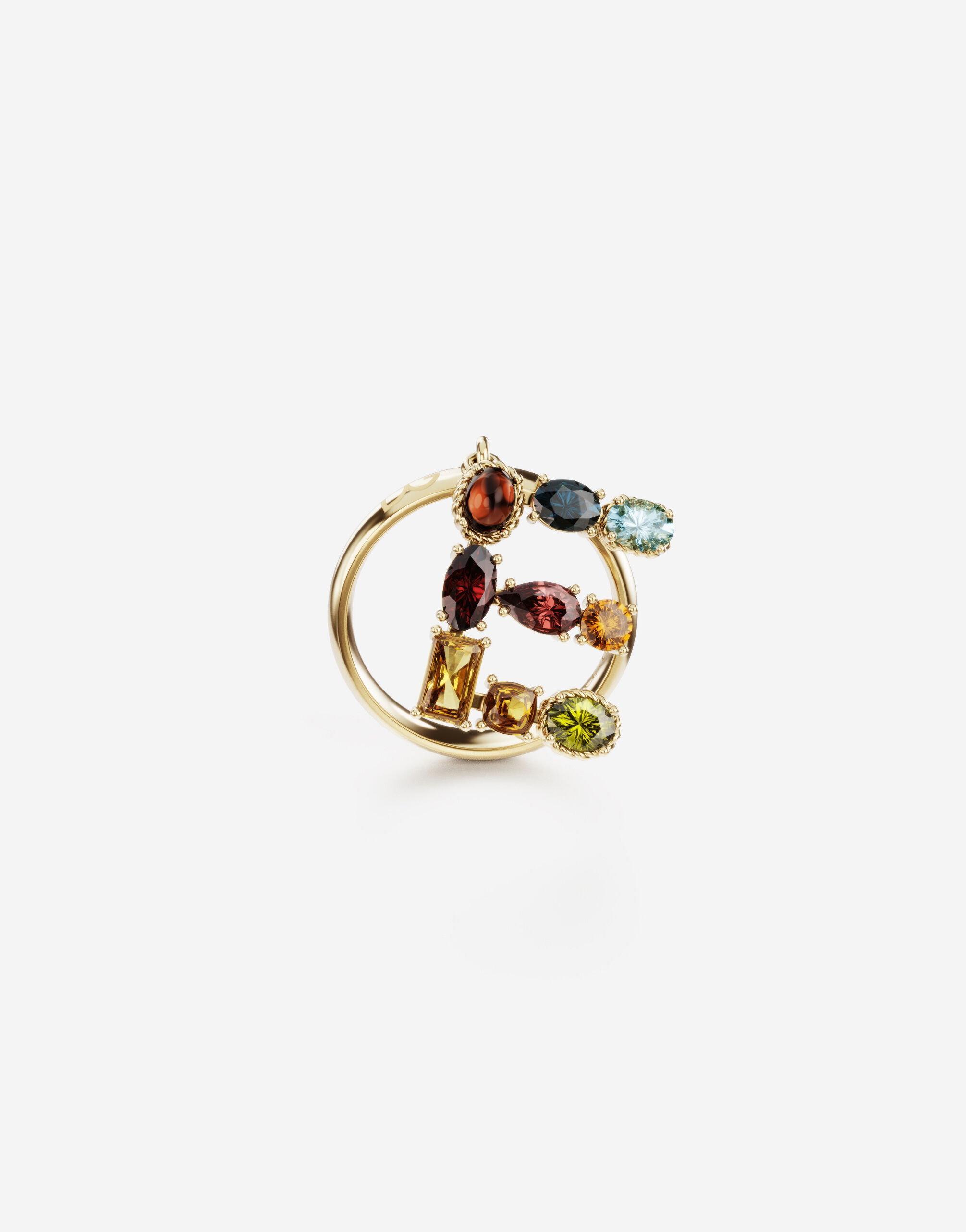 ${brand} Rainbow alphabet E ring in yellow gold with multicolor fine gems ${colorDescription} ${masterID}