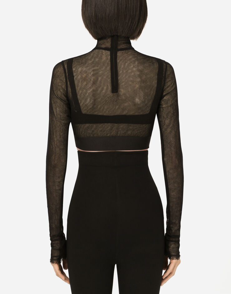 Dolce & Gabbana Tulle crop top with branded elastic Black F8N63TFLEAA