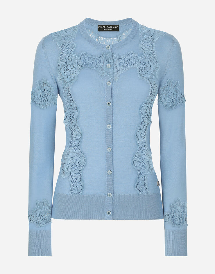 Dolce & Gabbana Cardigan aus Kaschmir und Seide mit Intarsie aus Spitze Azurblau FXV05TJFMGU