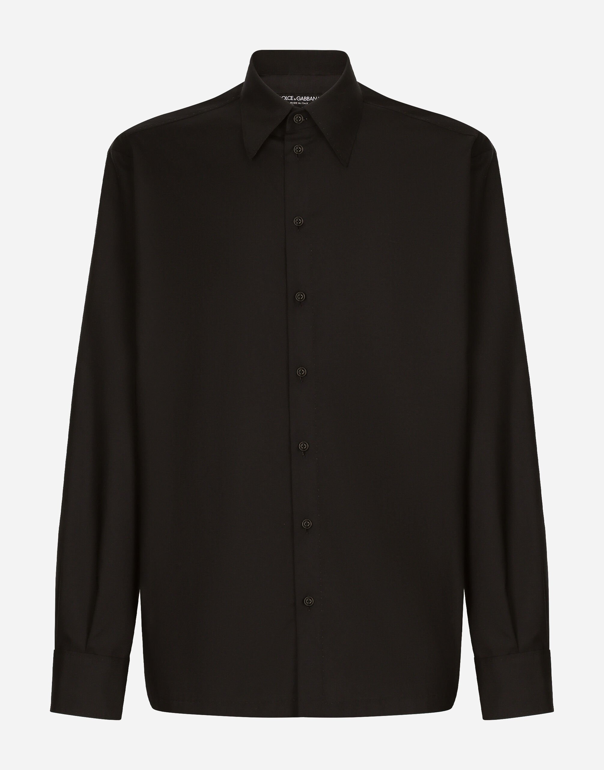 Dolce&Gabbana قميص صوف وحرير ببطاقة شعار أسود G2SY1THU7PR