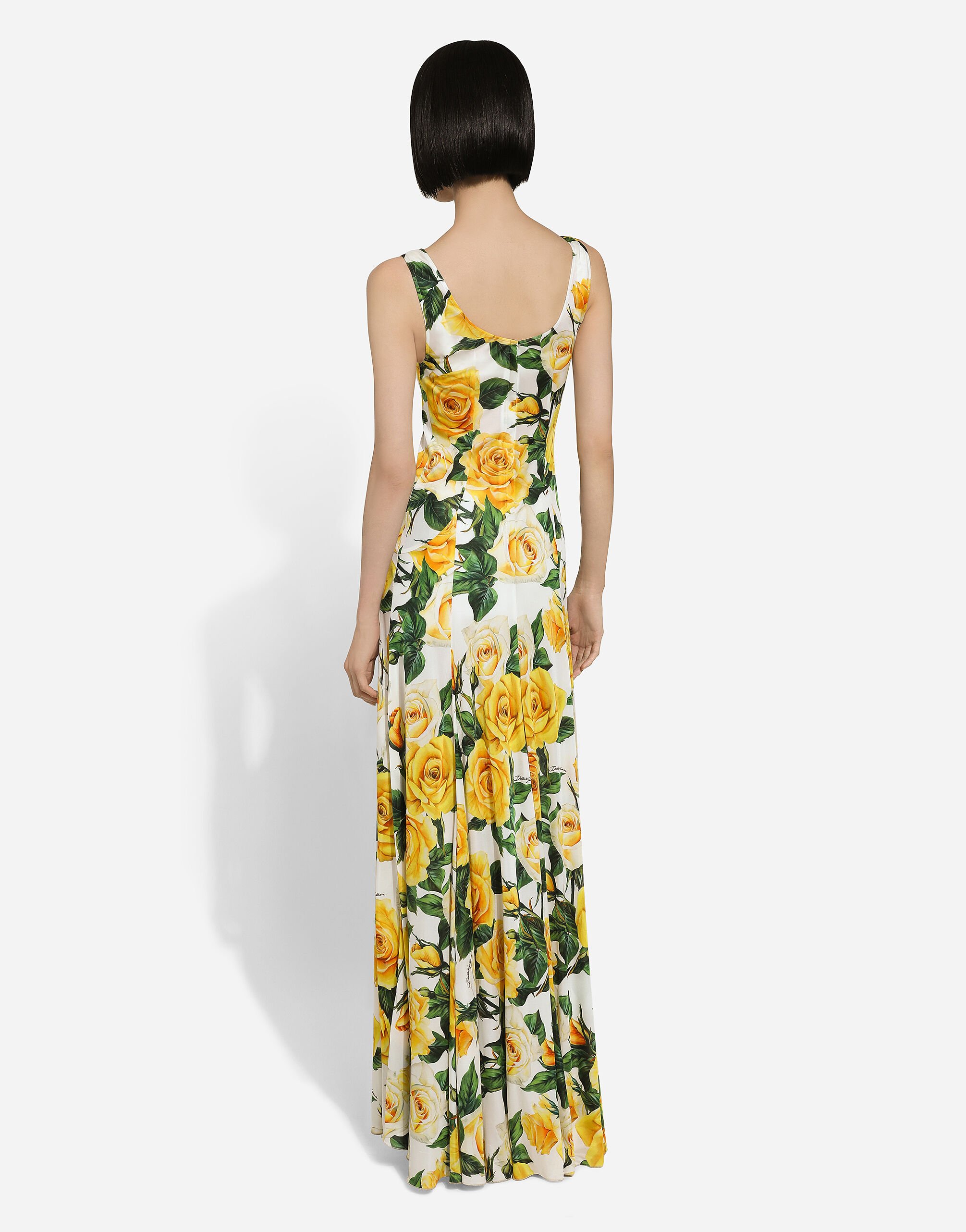 Long organzine round-neck dress with yellow rose print in Print 