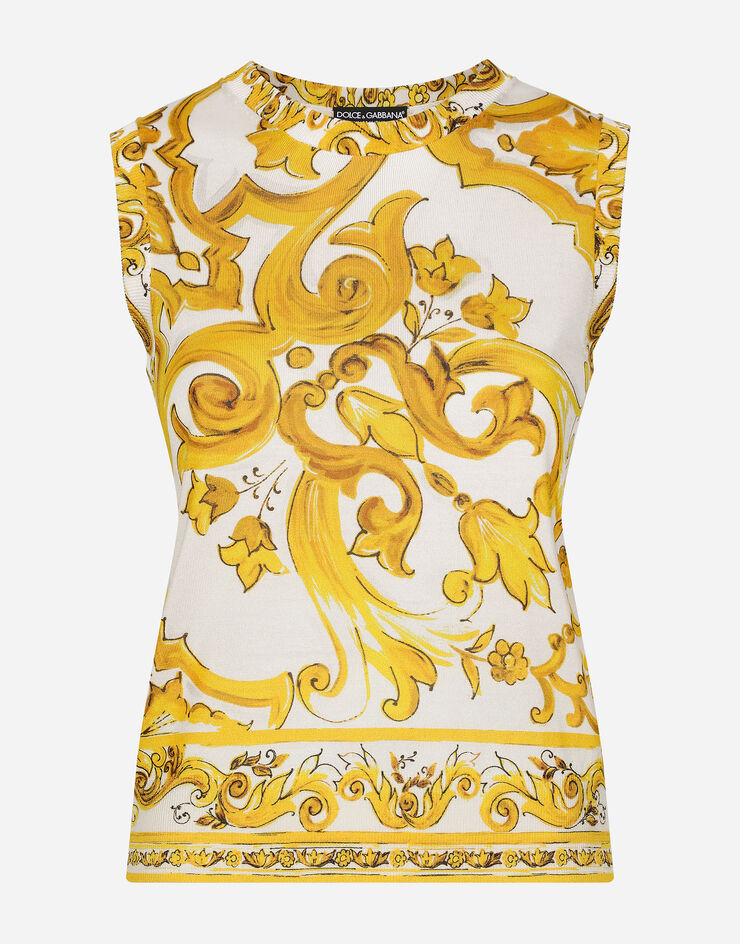 Dolce & Gabbana Sleeveless silk sweater with majolica print Print FXT01TJAHKG