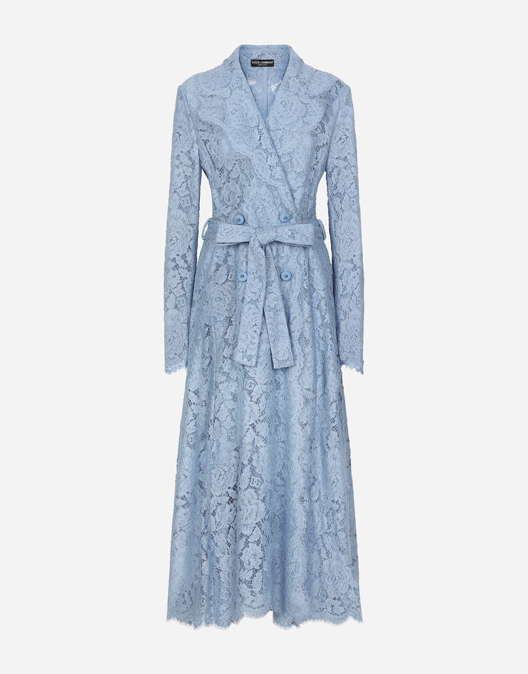 Dolce & Gabbana Trenchcoat aus floraler Kordelspitze mit DG-Logo Azurblau F0W0KTHLM7L