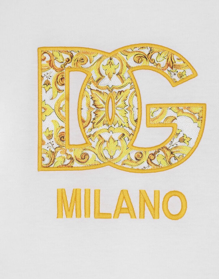 Dolce & Gabbana T-shirt in jersey di cotone con patch DG logo stampa Maiolica Multicolore F8N08ZGDBVX