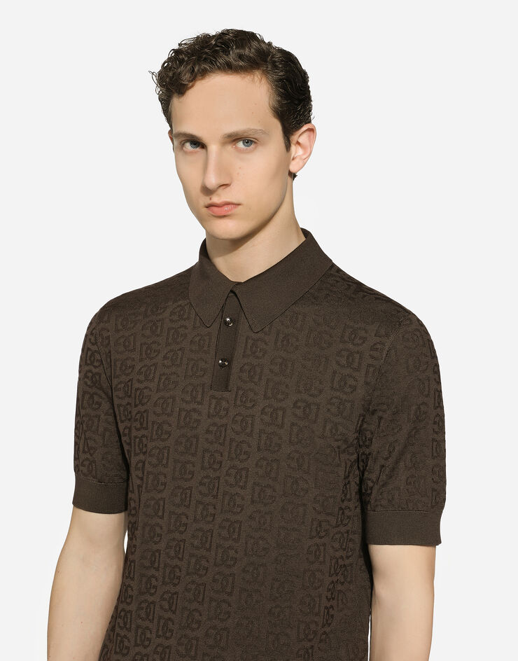 Dolce & Gabbana Silk jacquard polo-shirt with DG logo Brown GXZ15TJBSKE