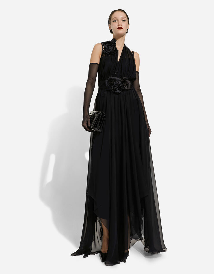 Dolce&Gabbana Robe longue en mousseline de soie avec fleurs appliquées Noir F6DJSTFU1AT