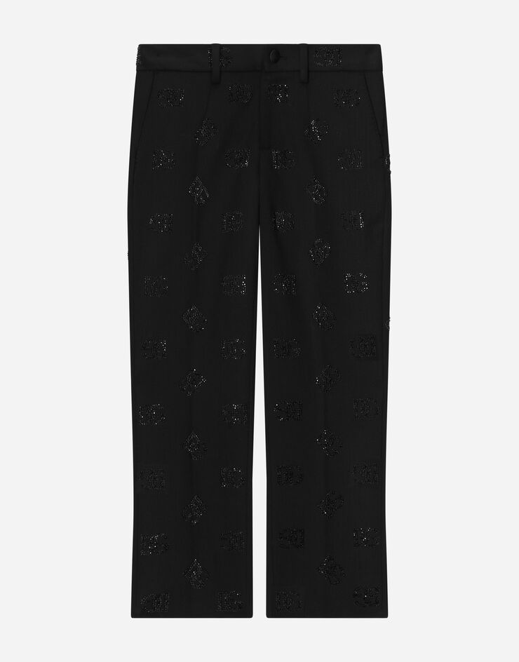 DolceGabbanaSpa Classic wool pants with all-over fusible-rhinestone logo Black L44P27G7J8K
