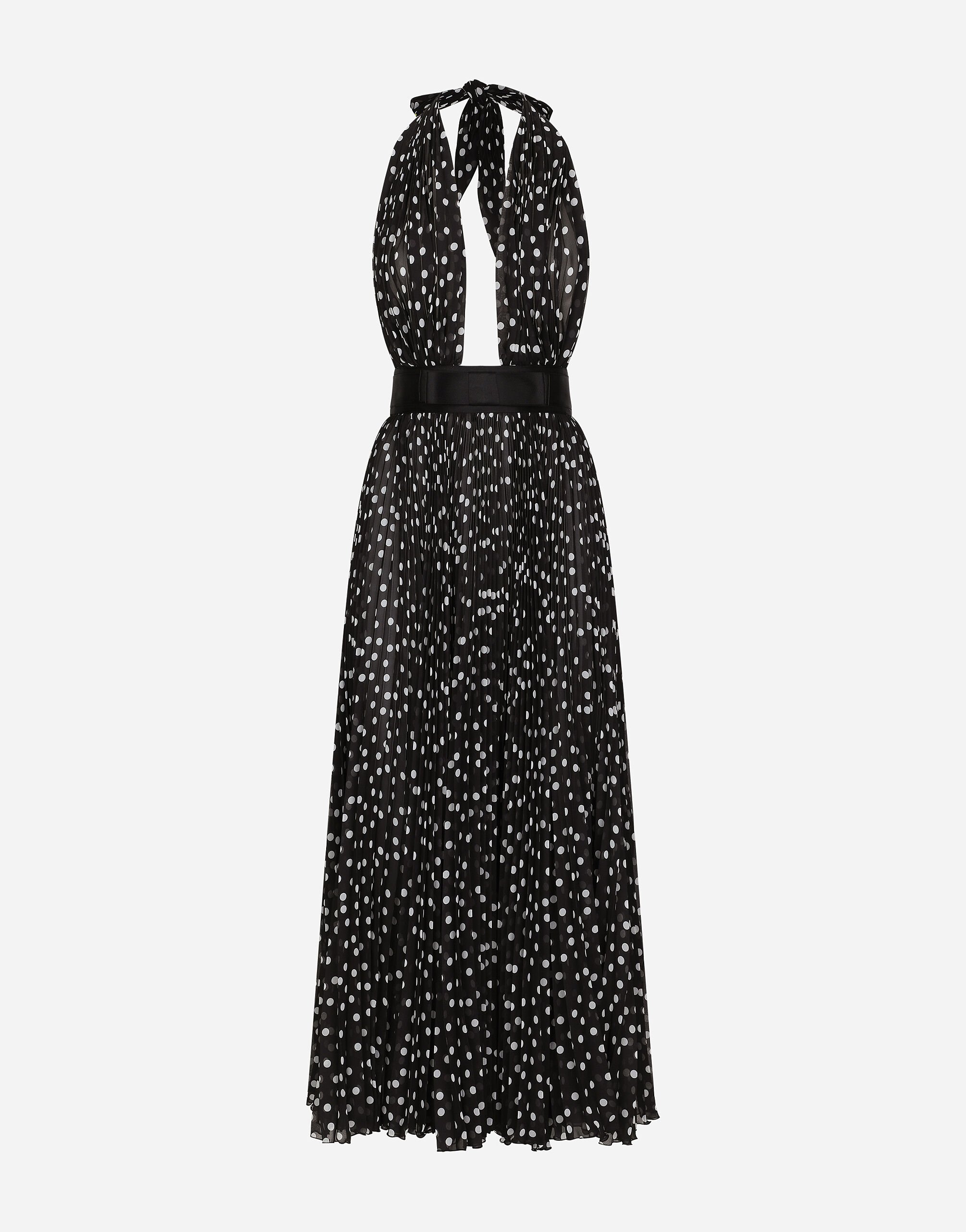 ${brand} Chiffon calf-length dress with plunging neckline and polka-dot print ${colorDescription} ${masterID}