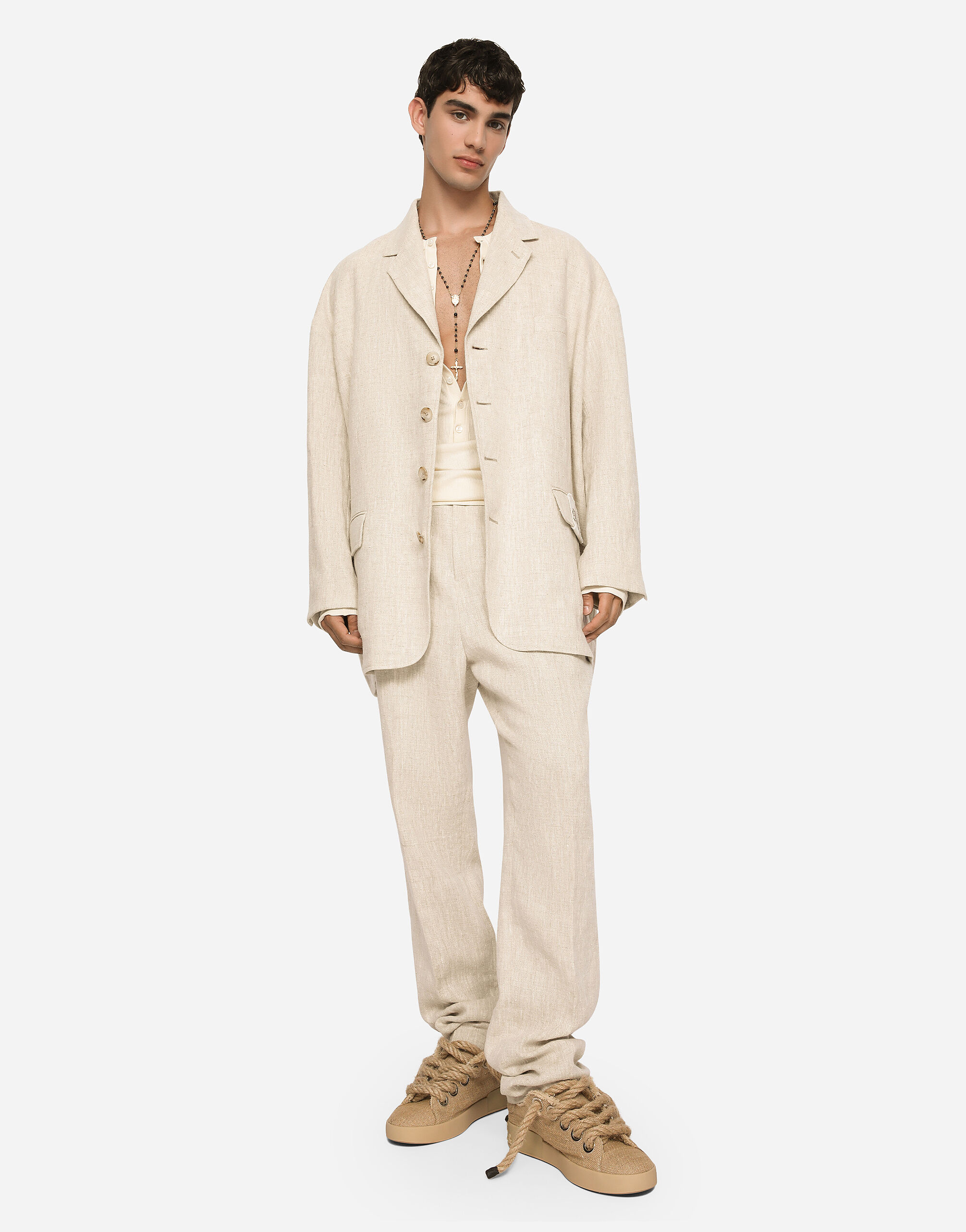 Oversize single-breasted linen and viscose jacket in Multicolor 