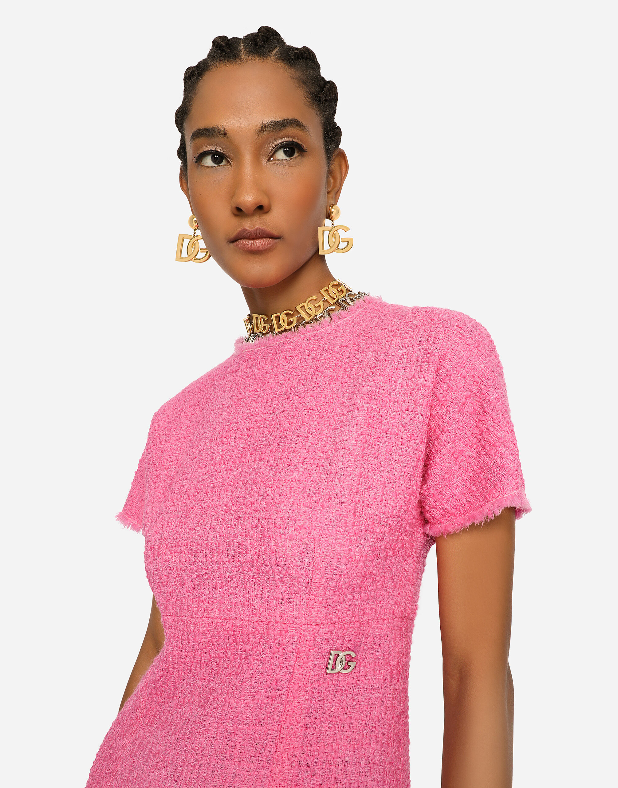 Raschel tweed calf-length dress with DG logo in Pink for Women 