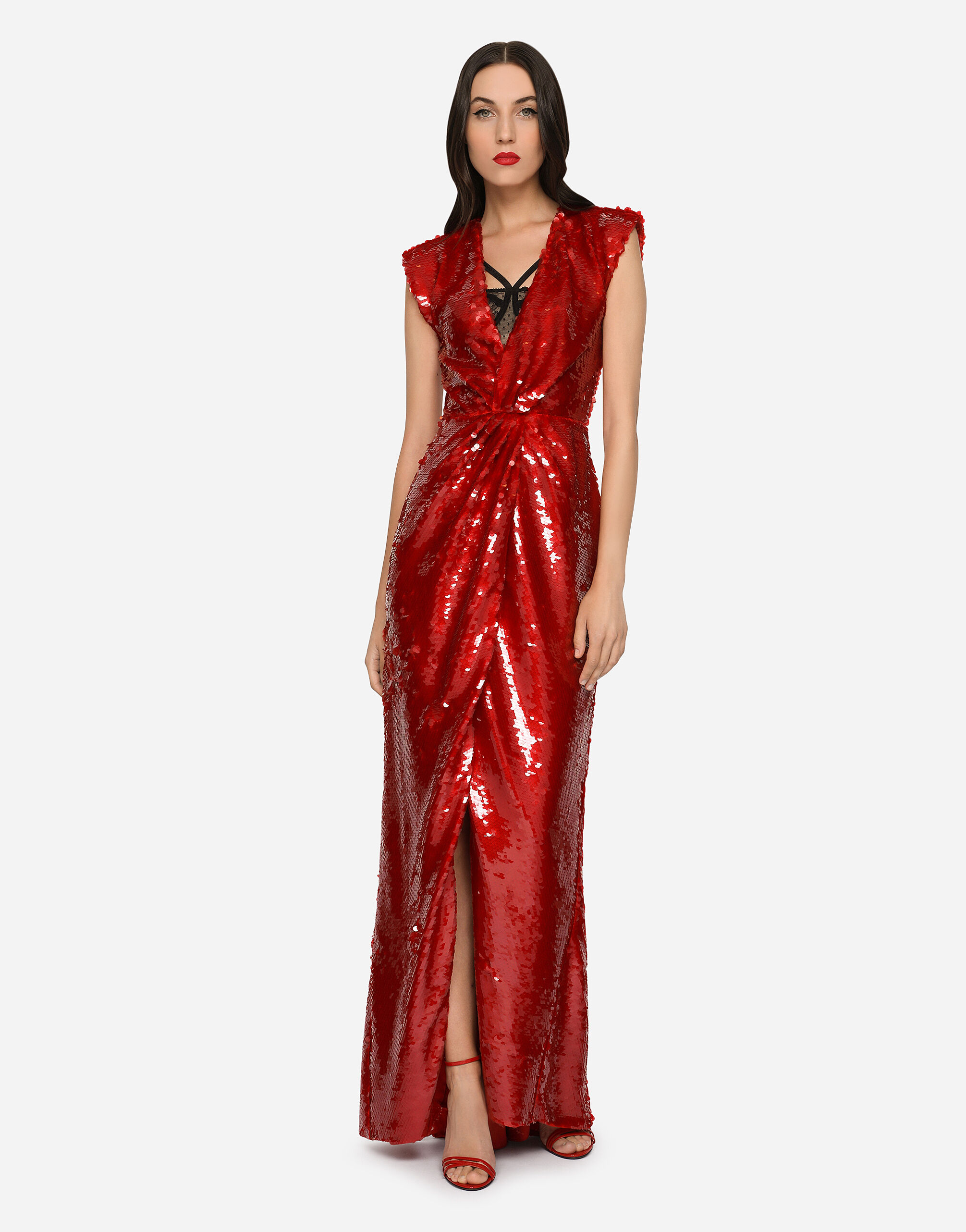 Long sequined dress with draping in Bordeaux for | Dolce&Gabbana® US