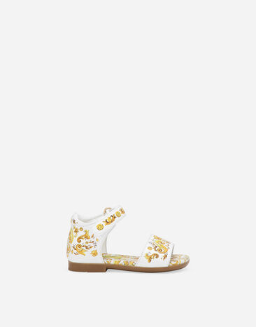 ${brand} Calfskin sandals with yellow majolica print ${colorDescription} ${masterID}