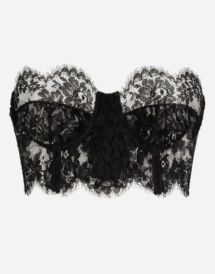 Dolce & Gabbana Die absolut Sizilien-schwarze Unterwäsche wird zur „Outerwear“ und präsentiert sich mit einer neuen sexy Einstellung. Dieses Bustier-Top aus schwarzer floraler Chantilly-Spitze verleiht Ihren Lingerie-Looks einen Hauch von Eleganz. Zart und leicht; verleiht es all Ihren Looks eine verführerische Note. Schwarz O7C27TONO22