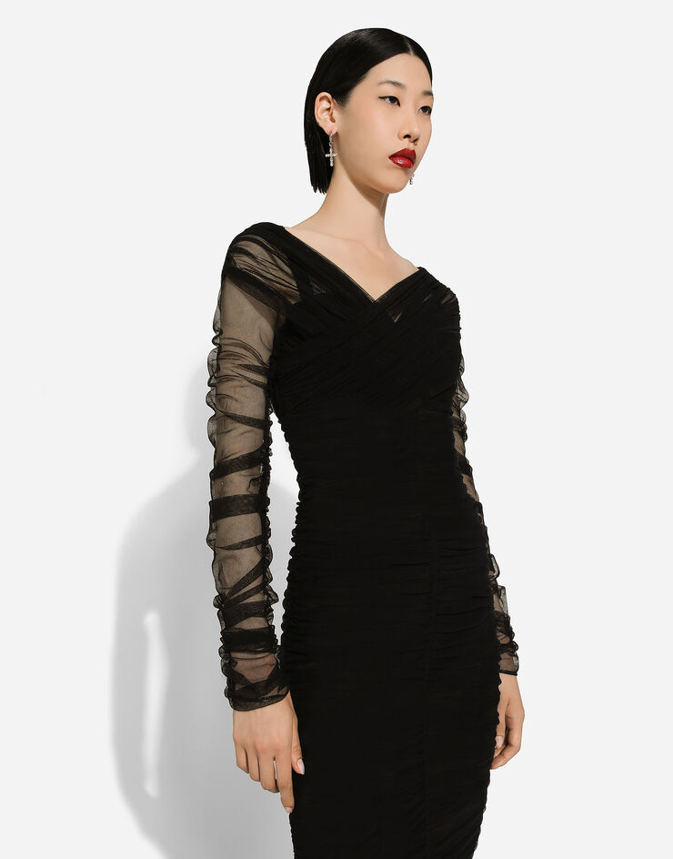 Dolce & Gabbana Драпированное платье миди из хлопкового тюля черный F6G8QTFLEAA