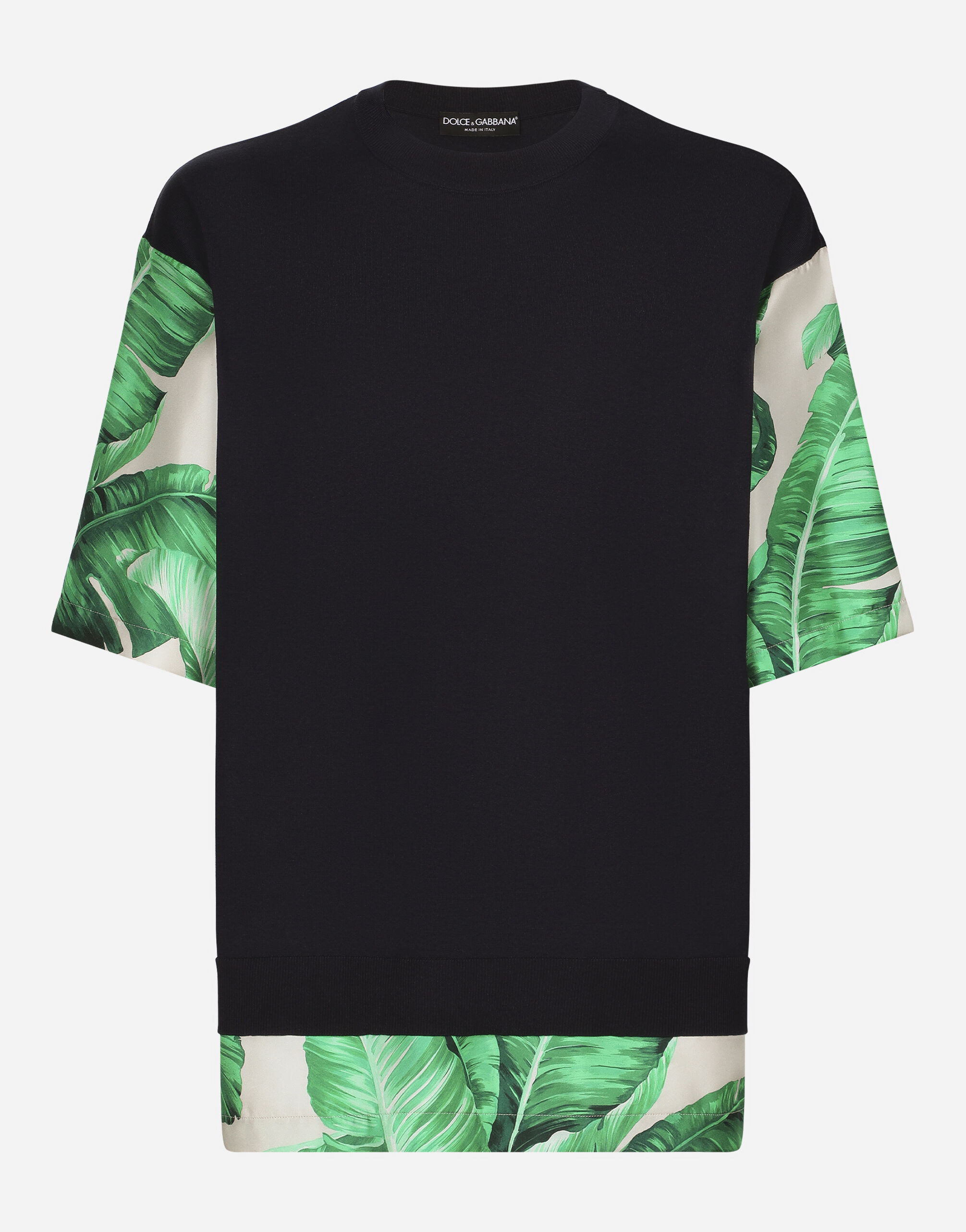 Dolce & Gabbana Round-neck silk sweater with banana tree print Beige G9AVETGH485