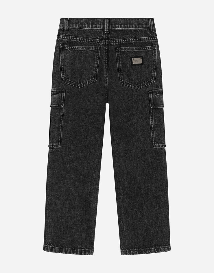 Dolce & Gabbana Pantalon cargo 5 poches en denim avec plaquette à logo Noir L42F67LDC26