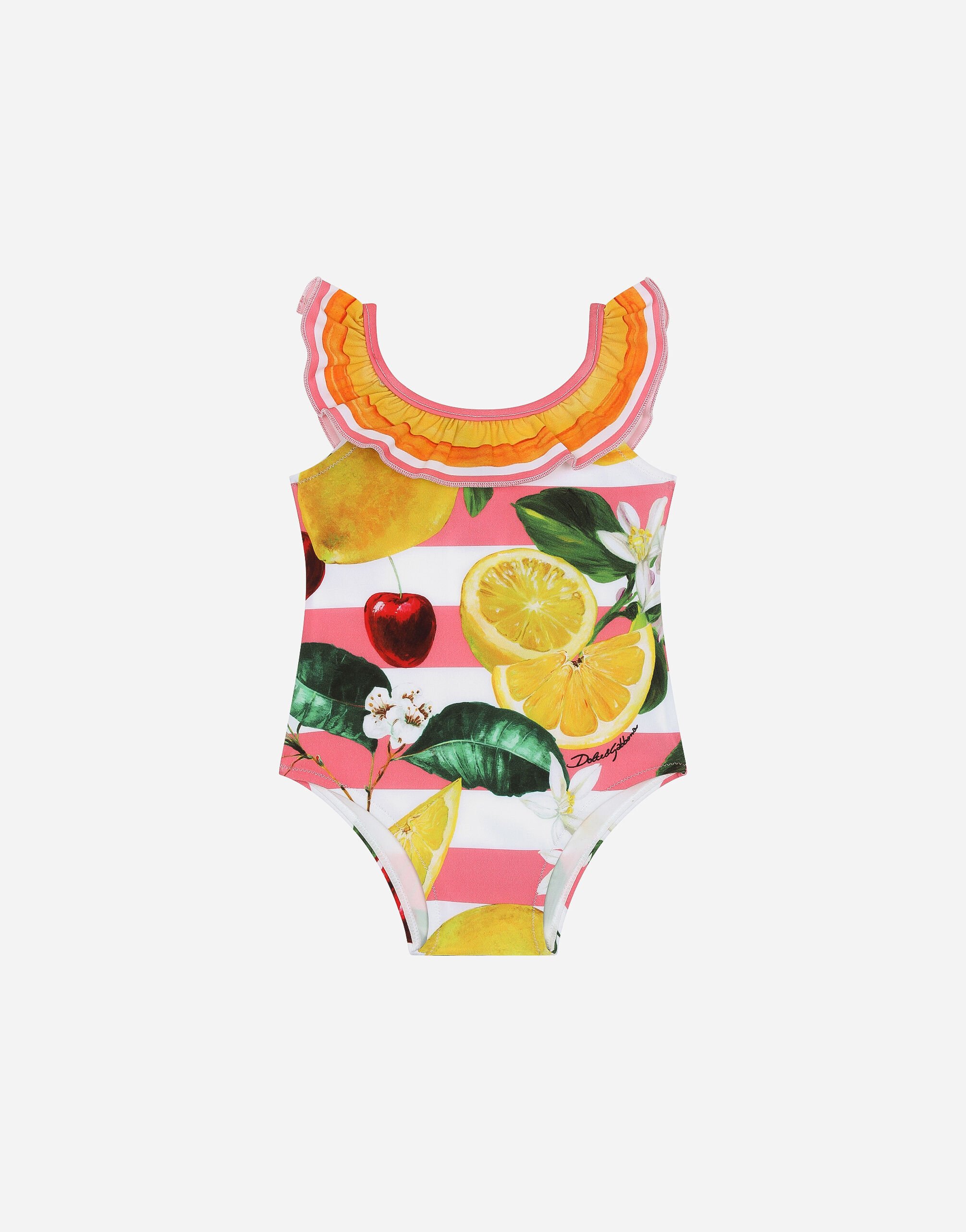 ${brand} Spandex one-piece swimsuit with lemon and cherry print ${colorDescription} ${masterID}
