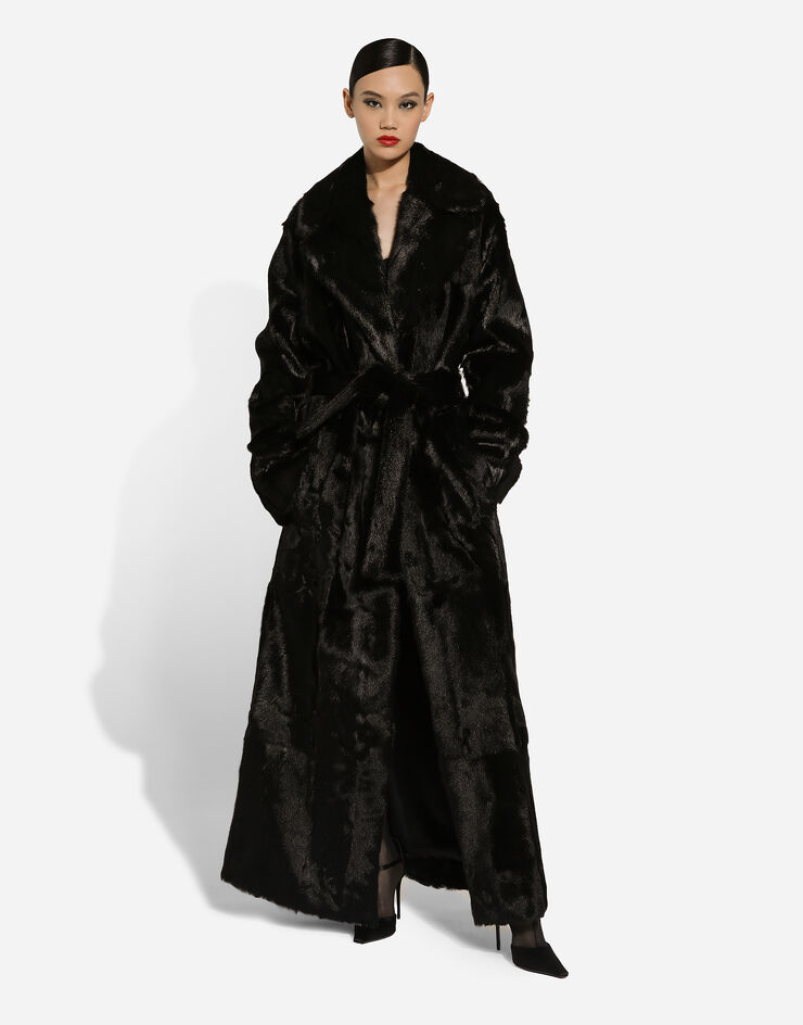 Dolce & Gabbana Goatskin coat with belt Black F0G1HFFUP9E