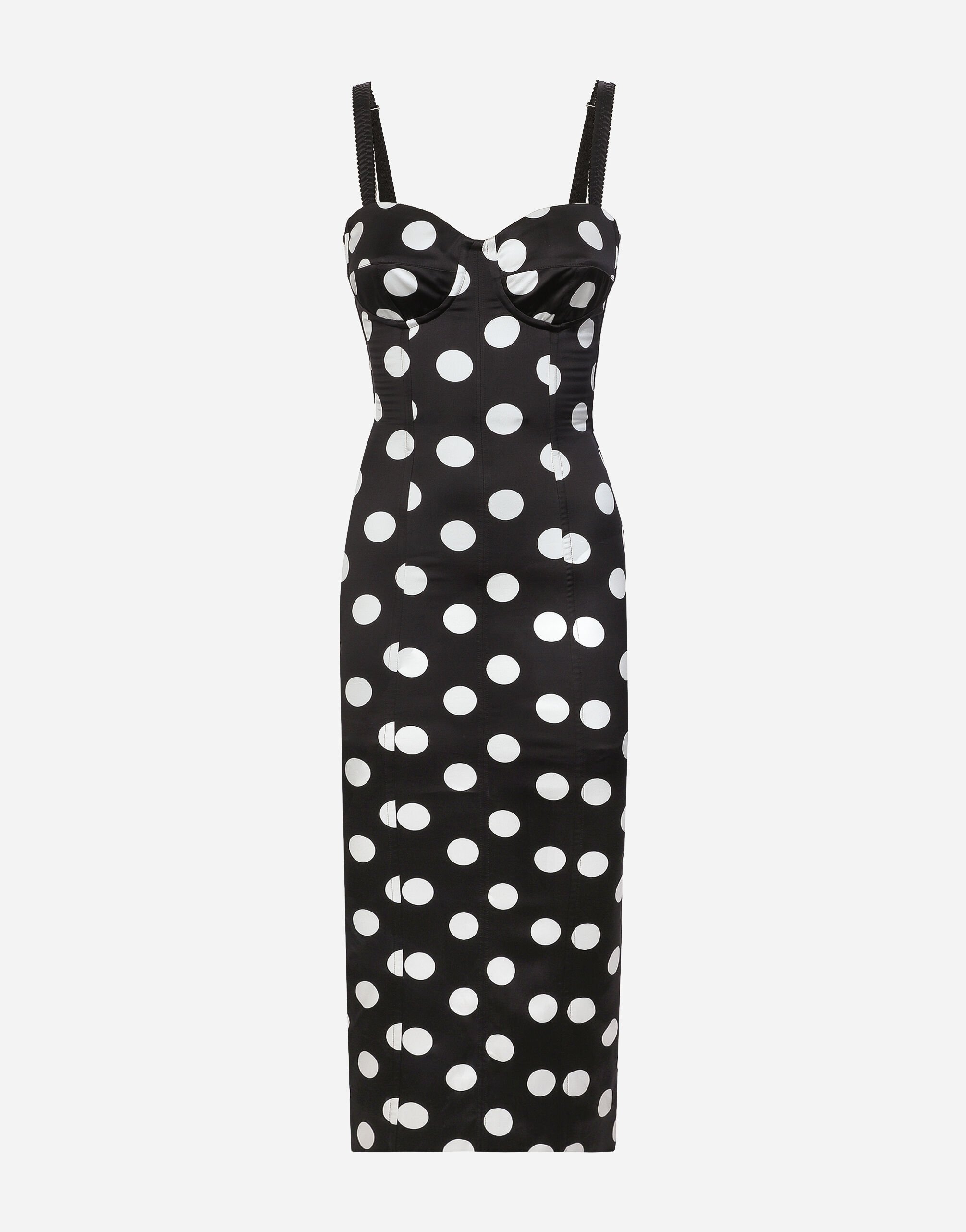 ${brand} Satin midi dress with polka-dot print and corset details ${colorDescription} ${masterID}