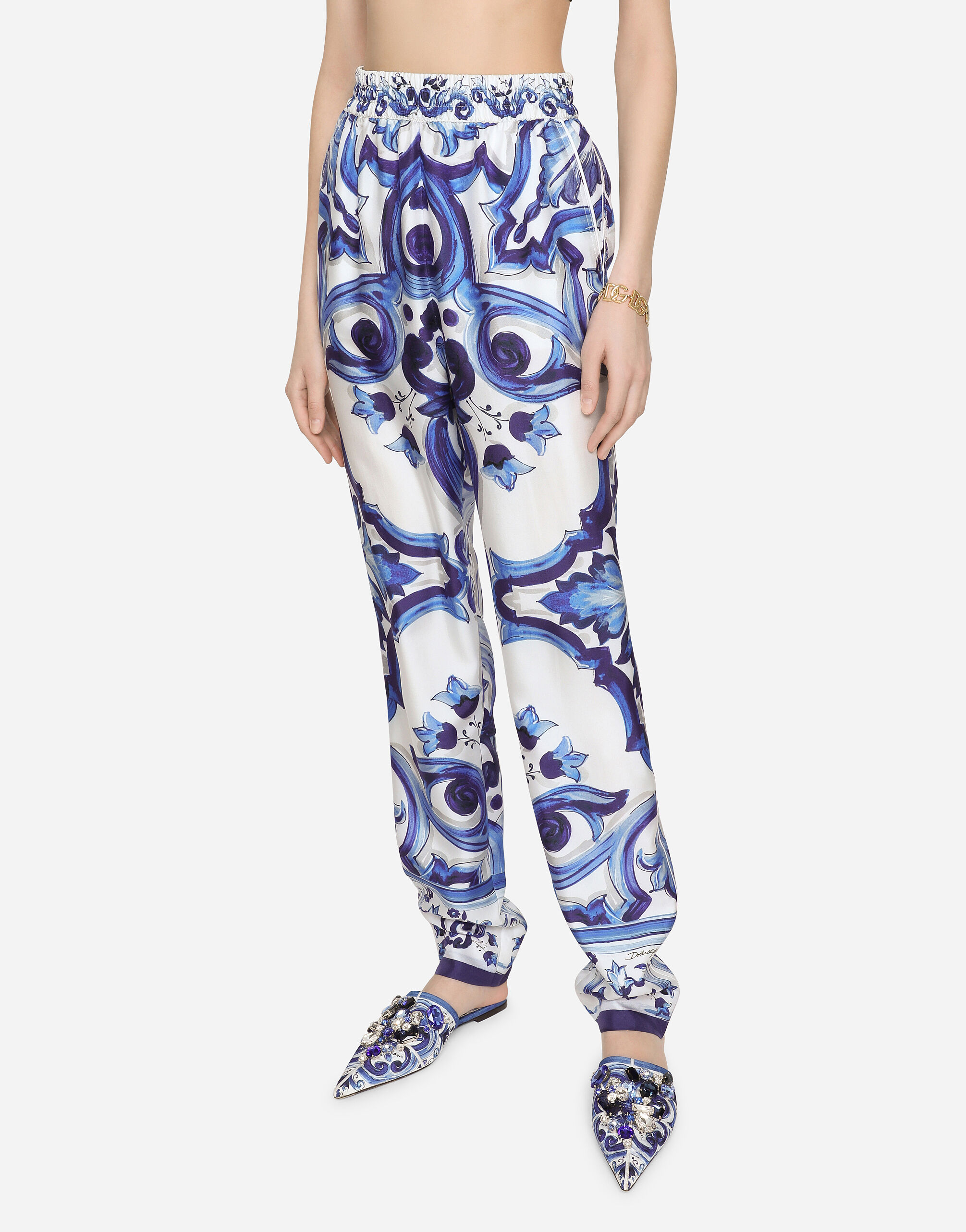 Silk twill pants with majolica print