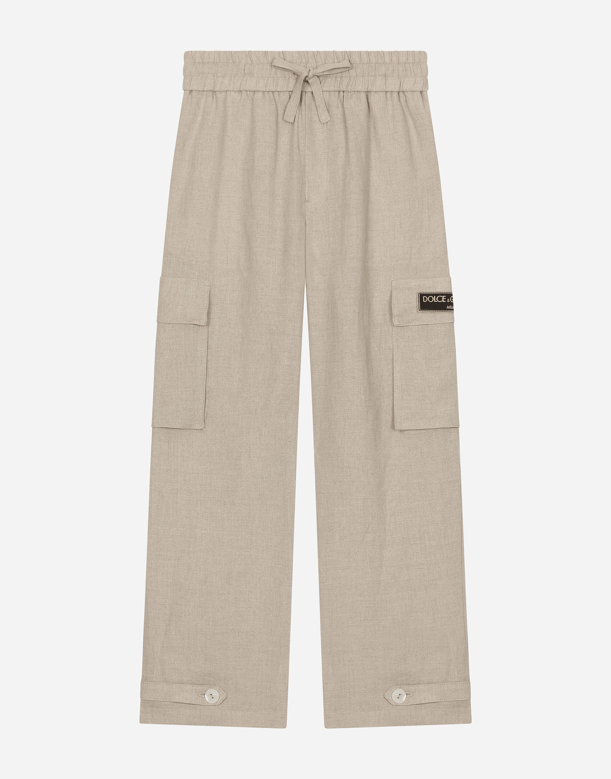 ${brand} Linen cargo pants with branded label ${colorDescription} ${masterID}