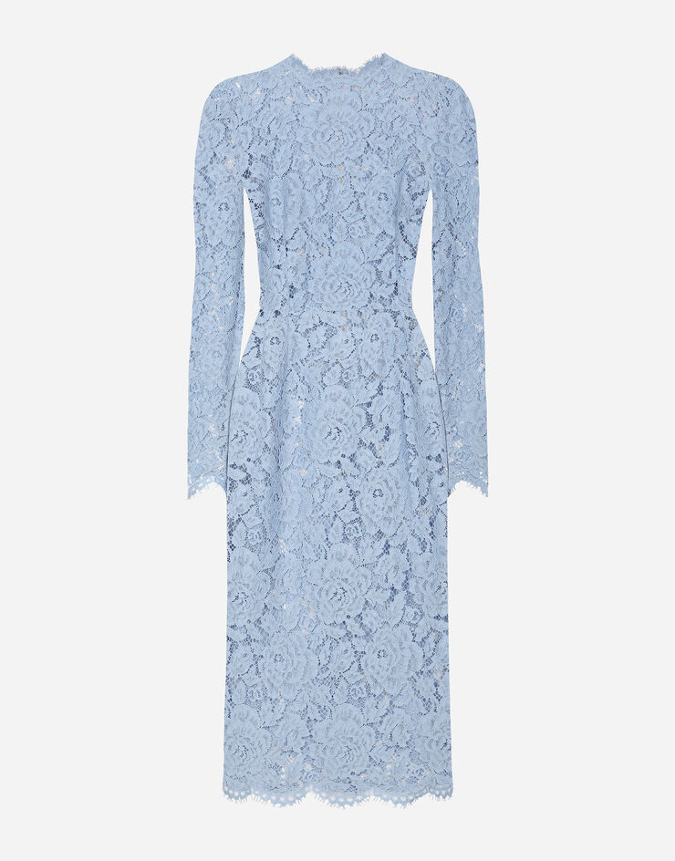 Dolce & Gabbana Robe fourreau mi-longue en dentelle cordonnet florale à logo Bleu Clair F6M0DTHLM7L