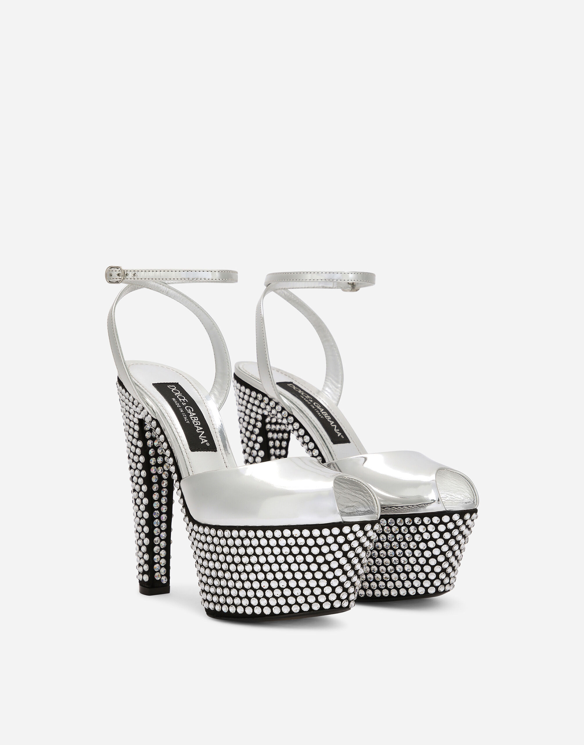 Mirrored-effect calfskin platforms with fusible rhinestones