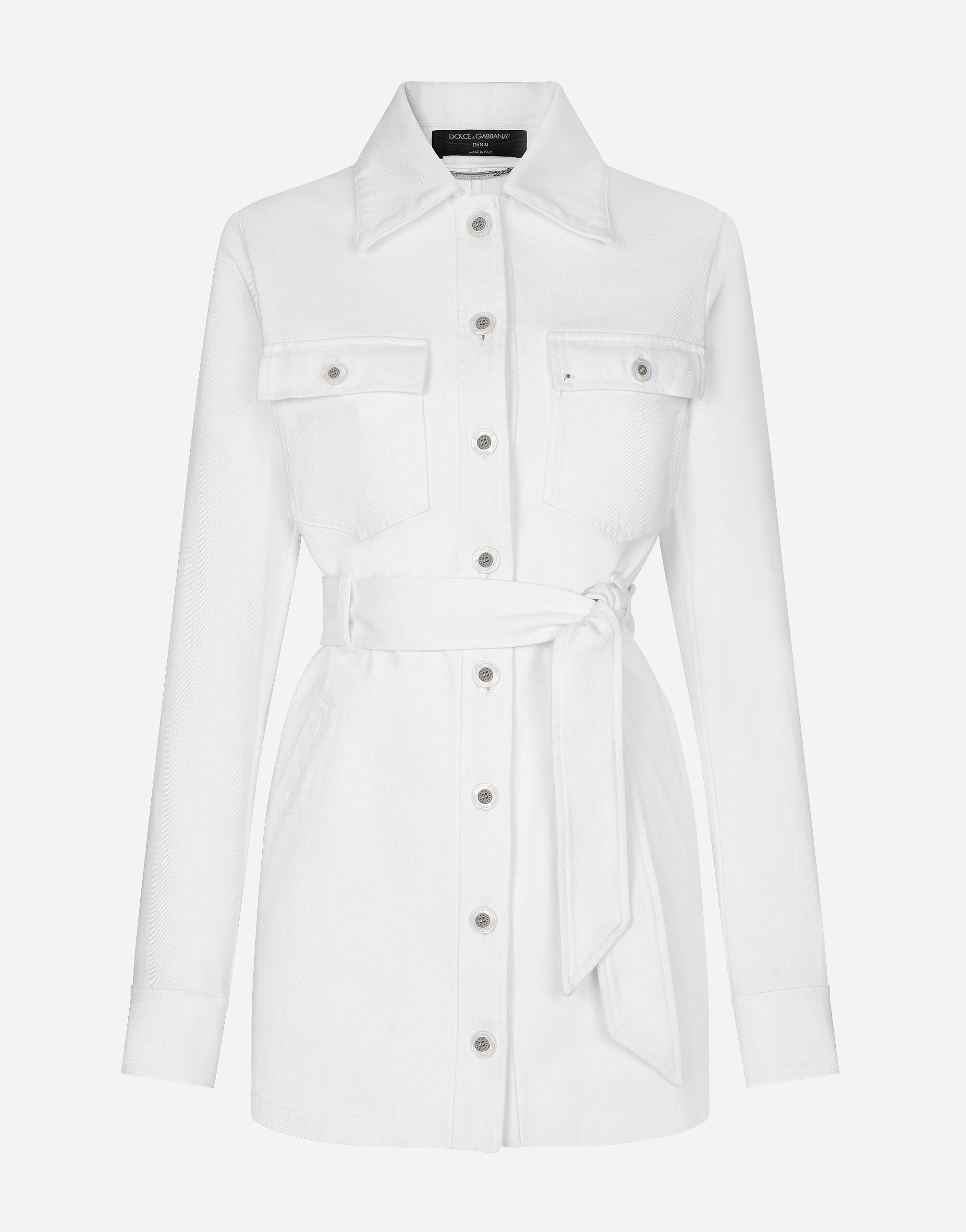 Dolce & Gabbana Long denim jacket with belt White F0E1XTFJTBV
