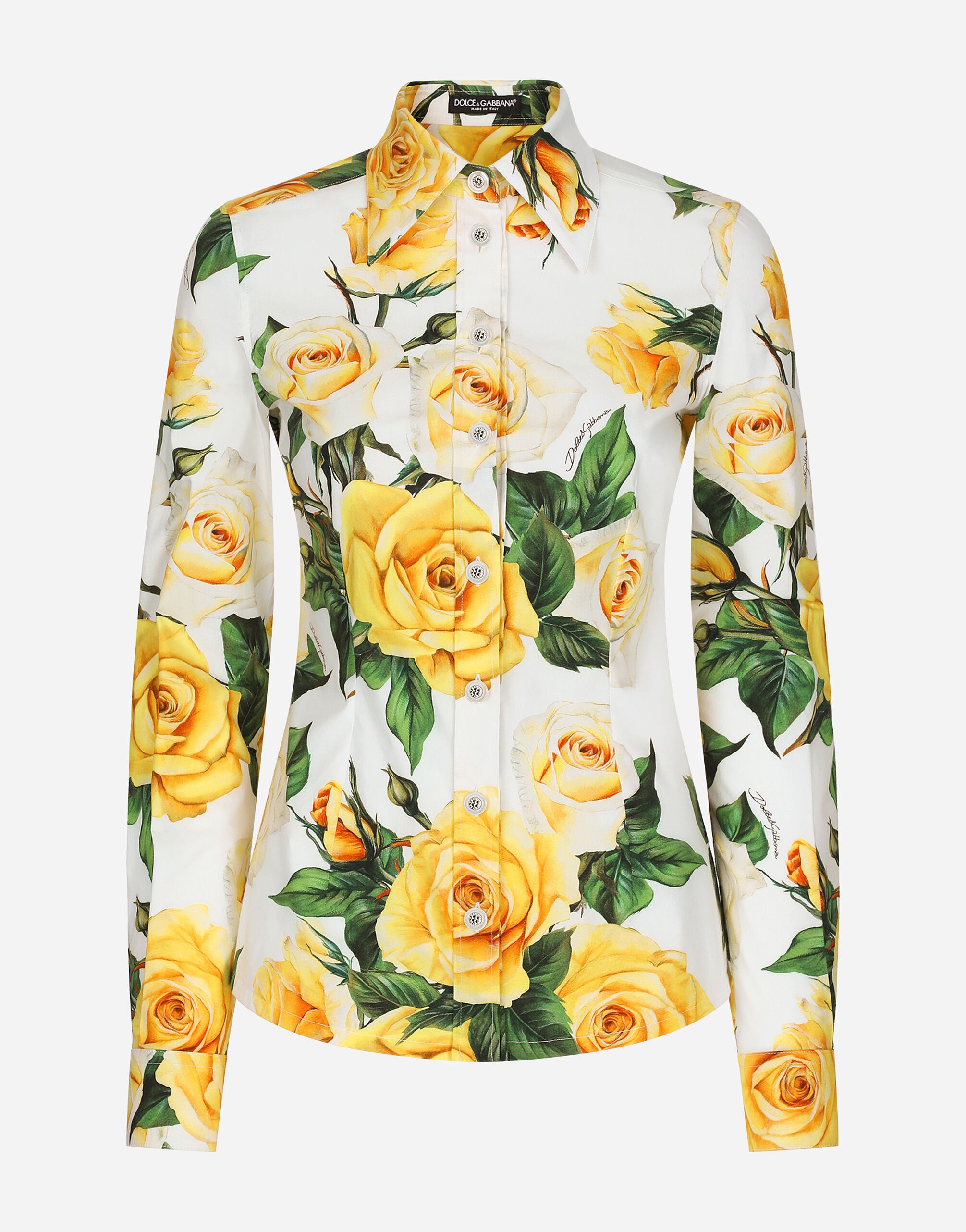 Dolce & Gabbana قميص قطني بأكمام طويلة وطبعة وردة صفراء مطبعة F7W98THS5NO