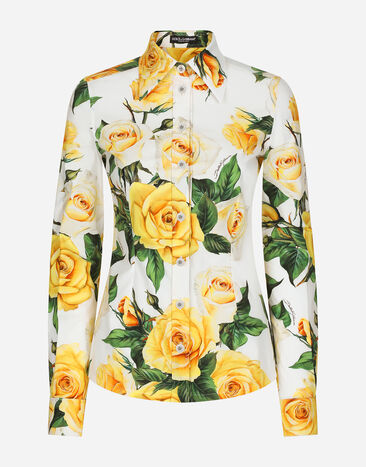 Dolce & Gabbana Long-sleeved cotton shirt with yellow rose print Print F4BCVTFPTAW