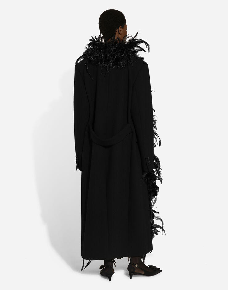 Dolce & Gabbana Double-breasted wool crepe coat with belt and rooster feather embellishment Black F0G1DTFUBCI