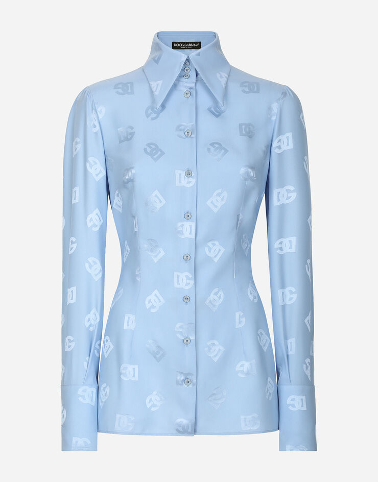 Dolce & Gabbana Camisa en jacquard de seda con motivo integral del logotipo DG Azul Claro F5Q69TFJ1JO