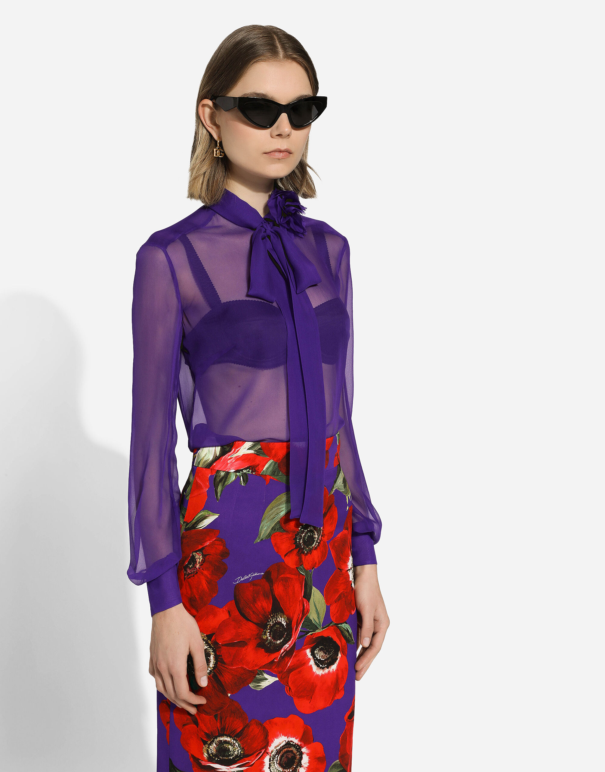 Chiffon shirt with flower detail in Purple for | Dolce&Gabbana® US