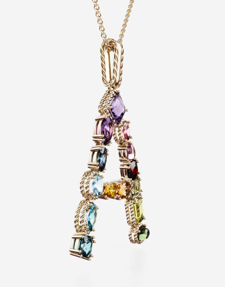 Rainbow alphabet A pendant in yellow gold with multicolor fine gems in Gold  for