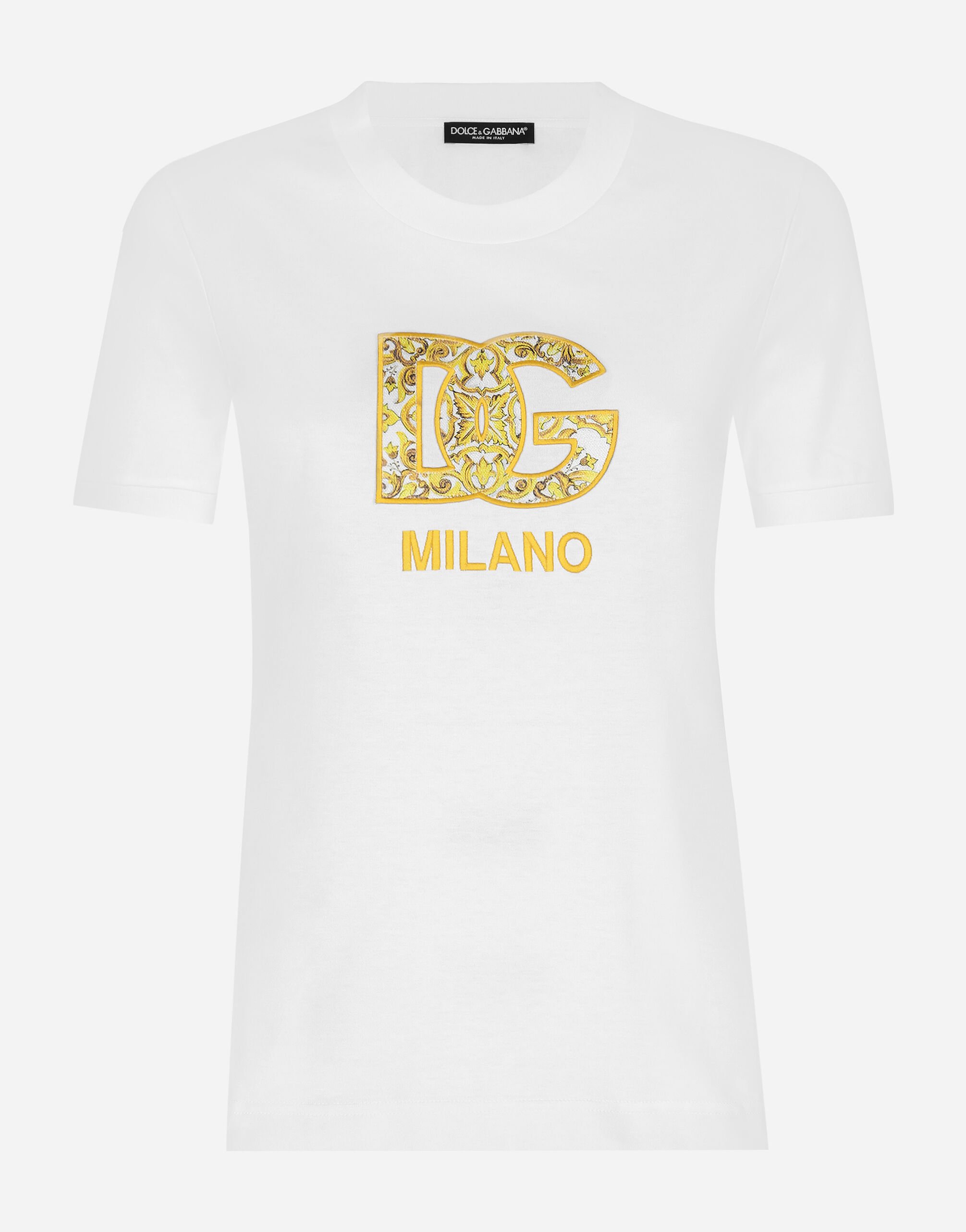 Dolce & Gabbana T-Shirt aus Baumwolljersey mit DG-Logopatch Majolika-Print Weiss F8V06TGDCK6