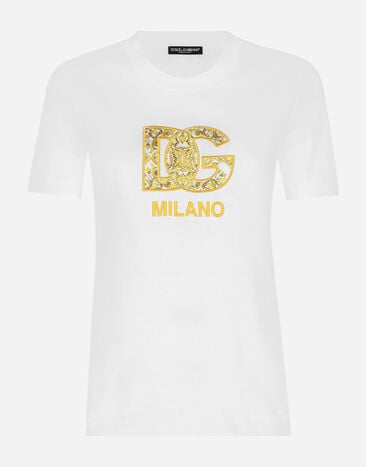 Dolce & Gabbana T-shirt in jersey di cotone con patch DG logo stampa Maiolica Stampa F8U74TII7EP