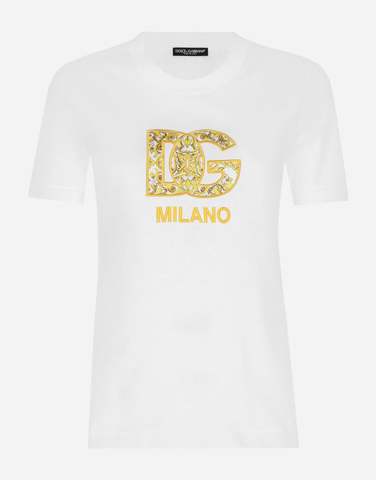 Dolce & Gabbana Camiseta en punto de algodón con parche DG con estampado Maiolica Multicolor F8N08ZGDBVX