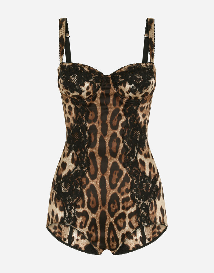 Dolce & Gabbana Silk balconette lingerie bodysuit with leopard-print lace  details female ANIMAL PRINT