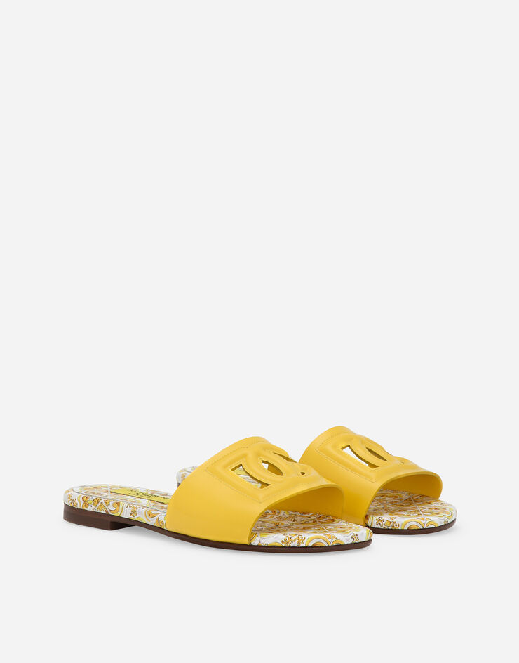 Dolce & Gabbana Patent leather sliders with yellow majolica print and cut-out DG detail Yellow D11247A1067