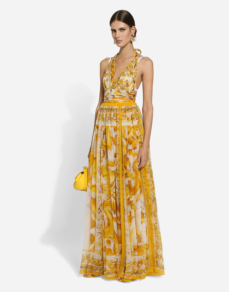 Dolce & Gabbana 마욜리카 프린트 긴소매 실크 시폰 롱 드레스 인쇄 F6ALPTHI1BX