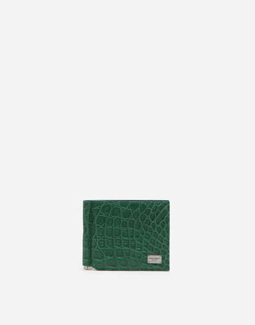 ${brand} Portefeuille deux volets en croco avec pince à billets et plaquette à logo ${colorDescription} ${masterID}