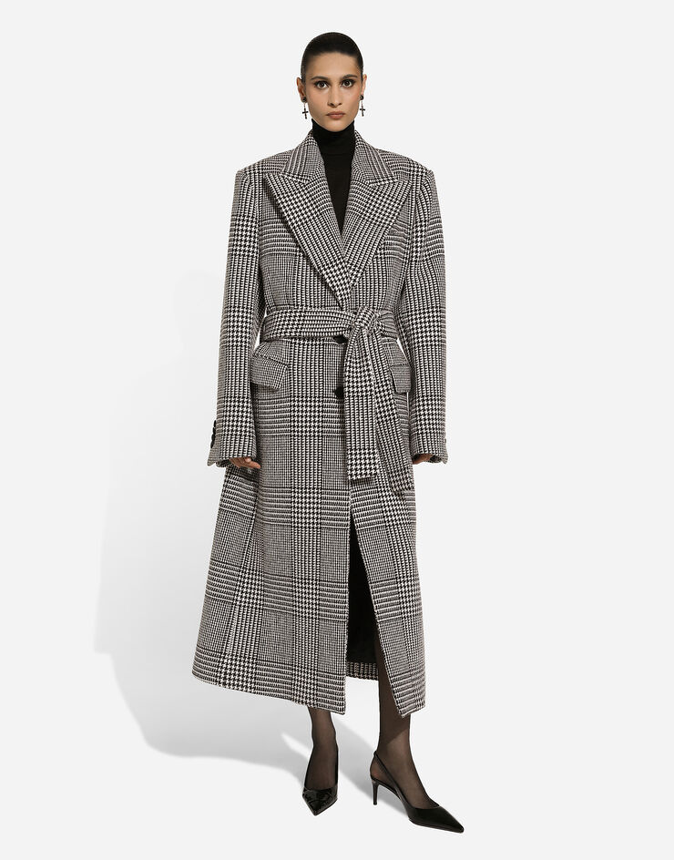 Dolce & Gabbana Single-breasted houndstooth check coat with belt Multicolor F0W2ATFQMKH